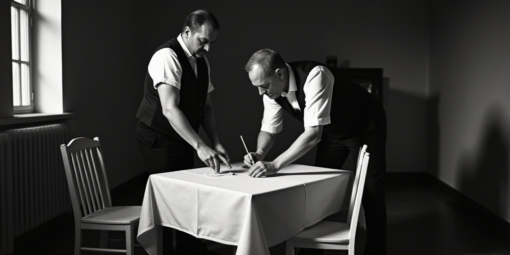 a man in a black vest is cleaning a table with a white chair and a black and white tablecloth, Delau