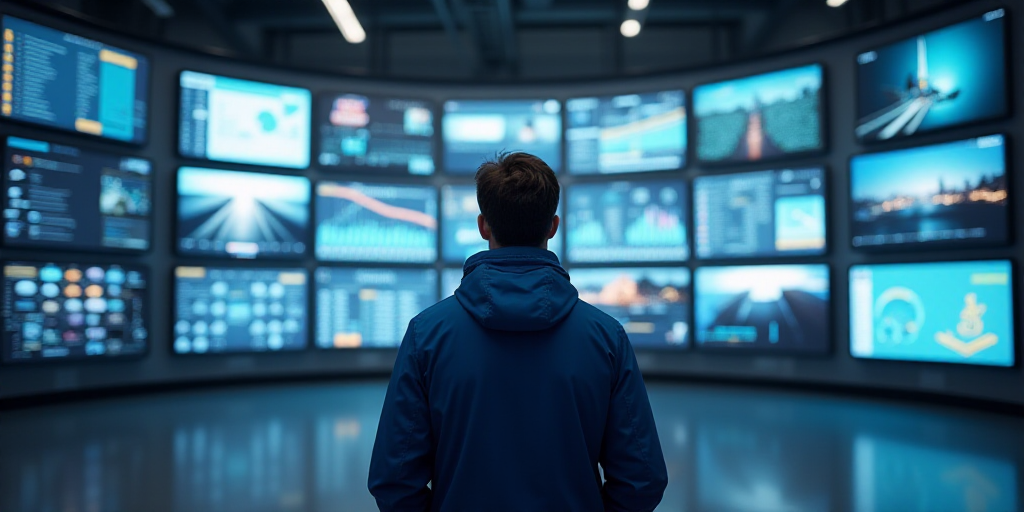 a man in a blue jacket is looking at a wall of monitors and screens in a building with a lot of sign