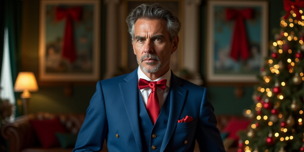 a man in a blue suit and a red bow on his head standing in a room with christmas decorations, Bob Si