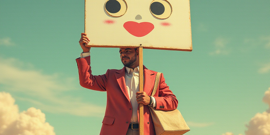 a man in a costume holding a sign with a large face on it and a large handbag in front of him, Ay-O,