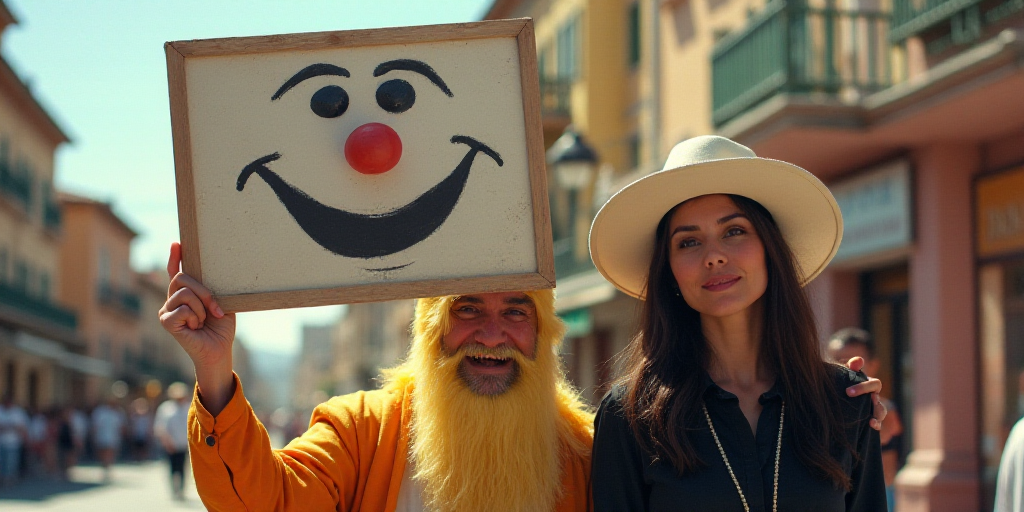 a man in a costume holding a sign with a large face and a hand up to the camera, and a woman in a bl