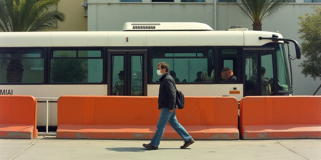 a man in a face mask walks past a bus with orange barriers around it and a building behind him, Edua