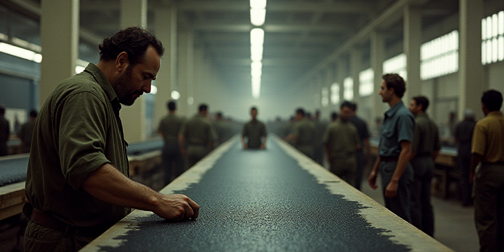 a man in a factory checking out a piece of black material on a conveyor belt with people in the back