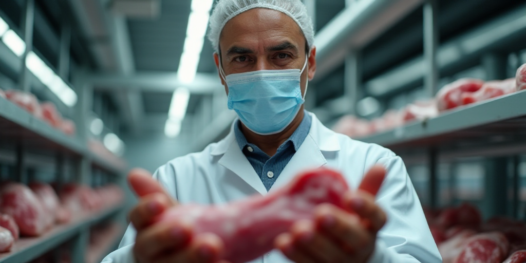 a man in a factory wearing a mask and holding a piece of meat in his hands and wearing a protective