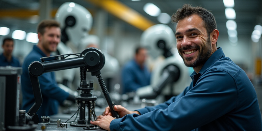 a man in a factory working on a machine with other workers in the background looking on and smiling