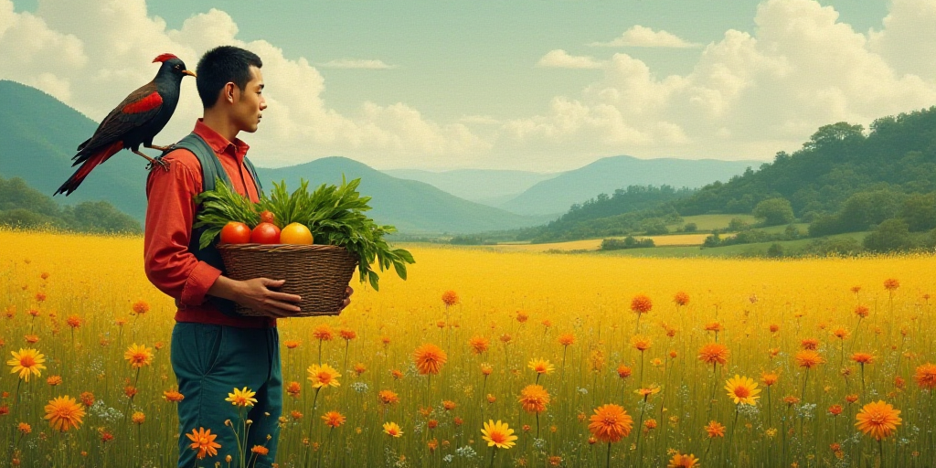 a man in a field with a basket of vegetables in his hand and a bird on his shoulder,, Cao Buxing, or