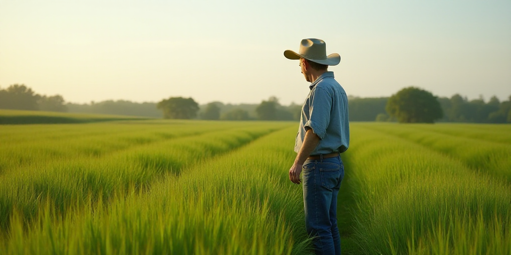a man in a field with a hat and jeans on, looking at a plant in the middle of the field, Clovis Trou