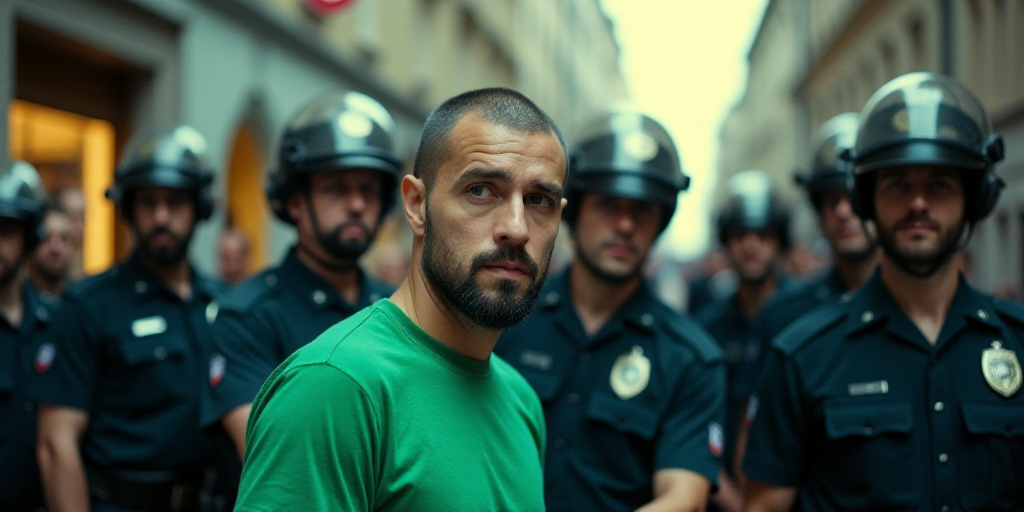 a man in a green shirt is surrounded by police officers and a man in a black shirt is looking at the