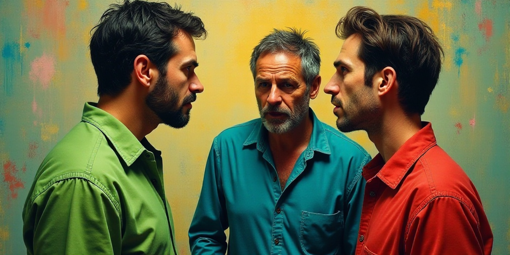 a man in a green shirt talking to two men in a blue shirt and a green and red shirt, Carlos Catasse,