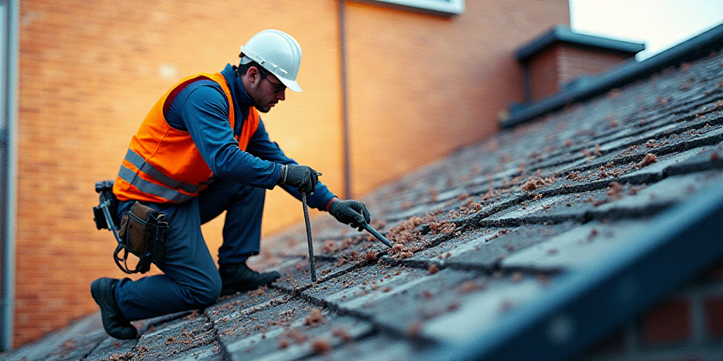 a man in a hard hat and safety gear working on a building roof with a brick wall in the background,