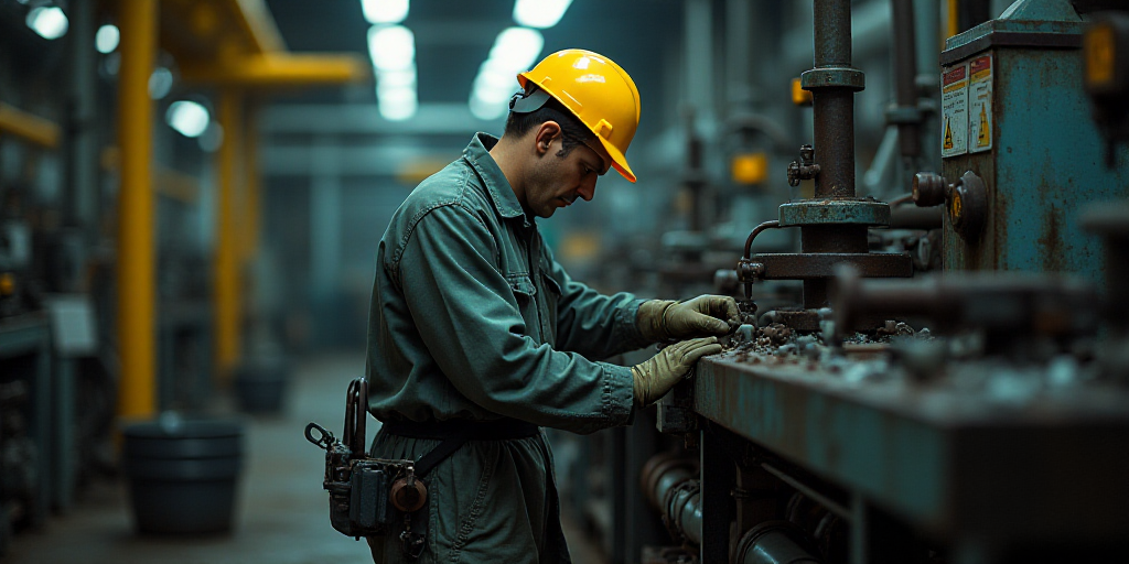 a man in a hard hat and safety gear working on a machine in a factory area with other machinery, Con