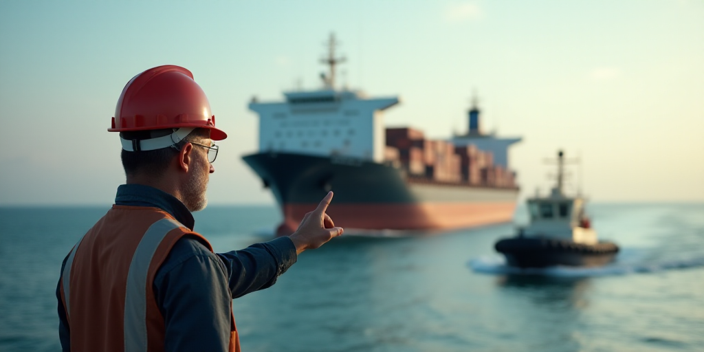 a man in a hard hat pointing at a large ship in the water with a tug boat in the background, Cedric