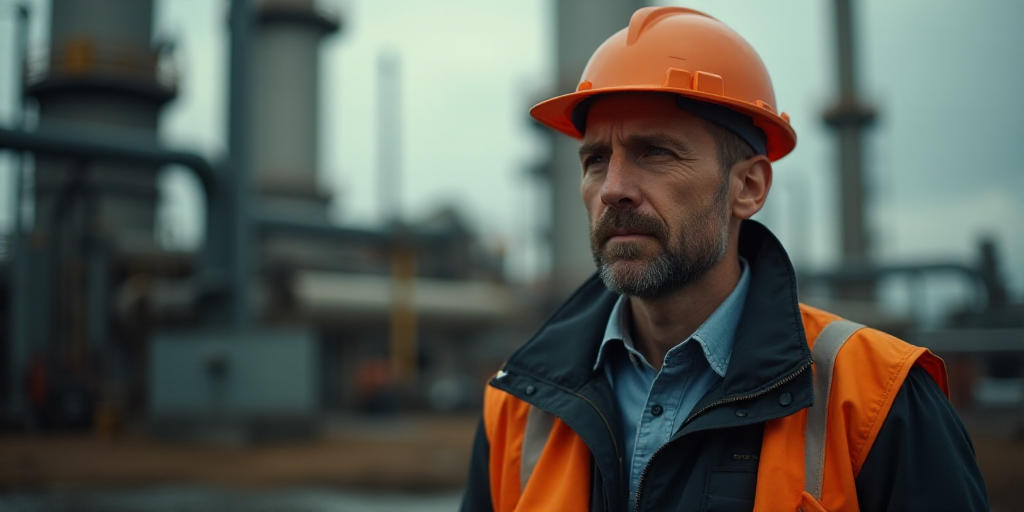 a man in a hard hat standing in front of a factory with pipes and pips in the background, Ceferí Ol