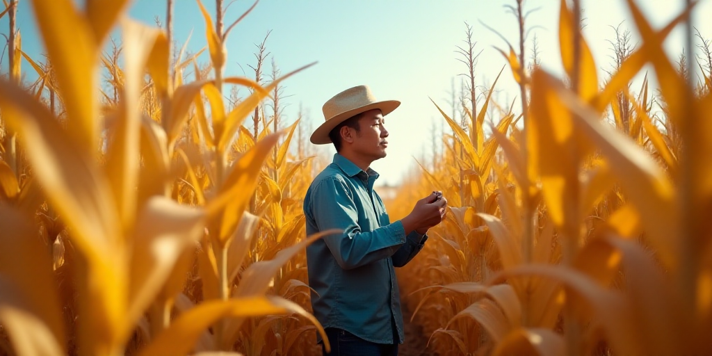 a man in a hat and blue shirt standing in a field of corn looking at something in his hand, Cao Zhib