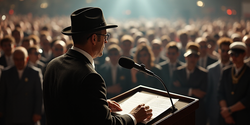 a man in a hat and glasses speaking at a podium with a microphone in front of him and a crowd, Ameri