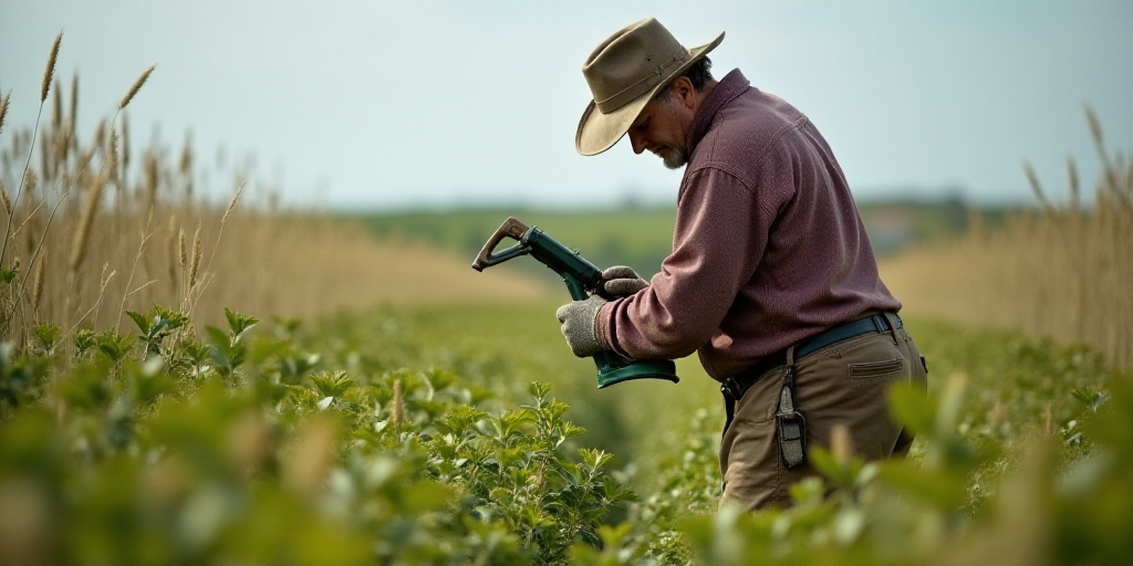 a man in a hat and gloves is picking plants in a field with a saw and a tool in his hand, Don Arday,