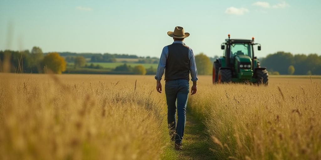 a man in a hat is walking through a field of grass with a tractor behind him and a tractor behind hi
