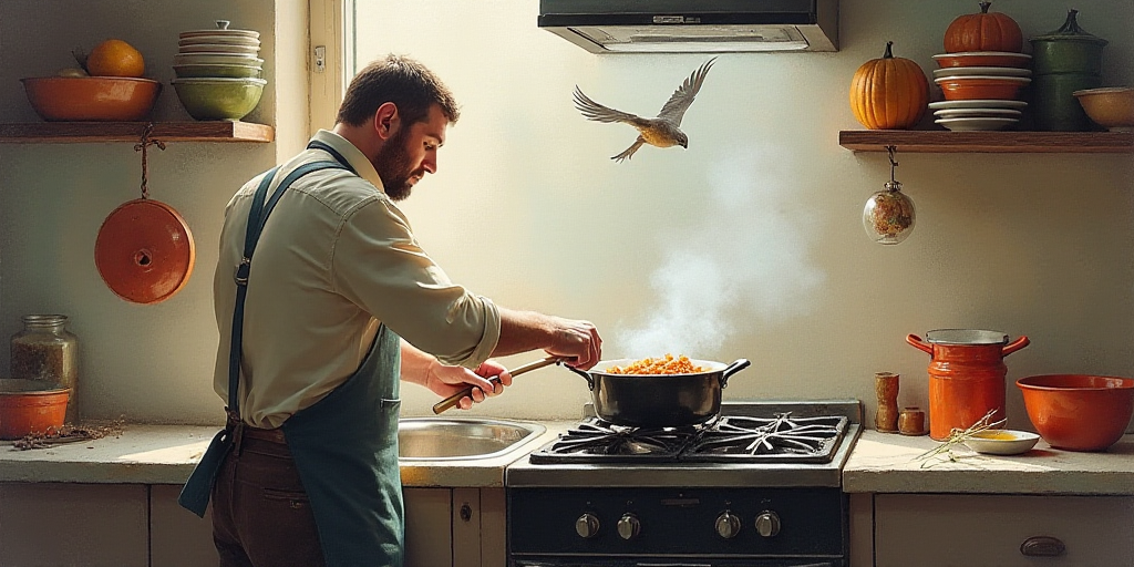 a man in a kitchen preparing food in a pot on a stove top oven with a bird flying by, Ceferí Olivé