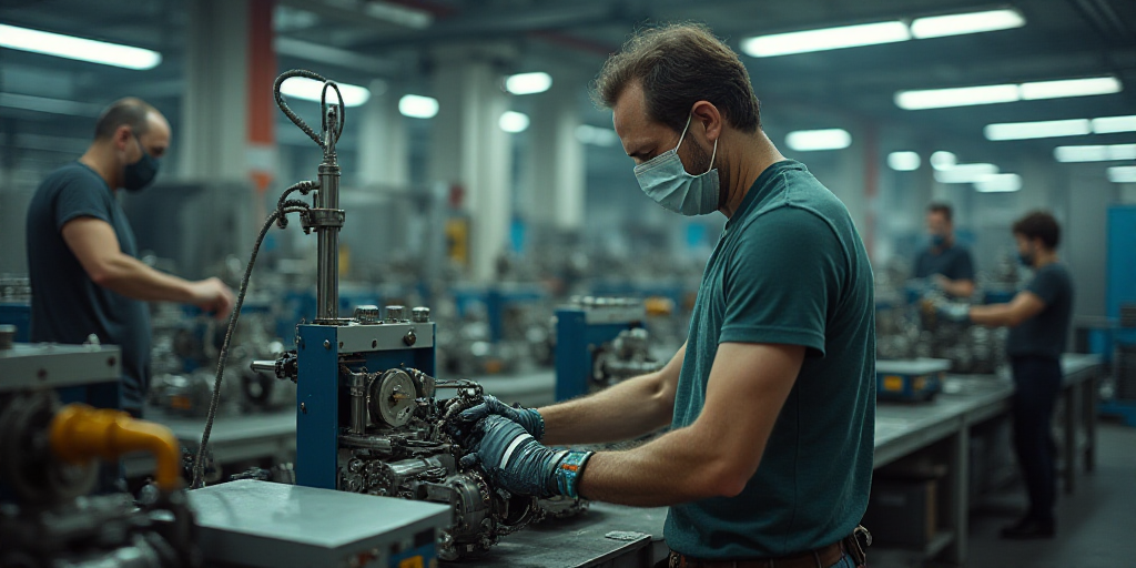 a man in a mask working on a machine in a factory with other workers in the background wearing masks