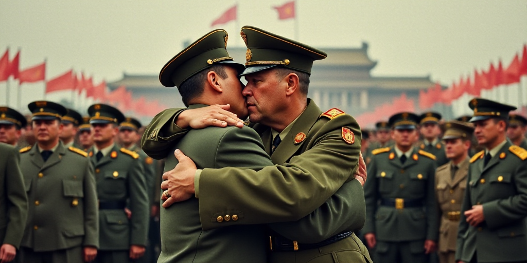 a man in a military uniform hugging another man in a crowd of people in front of a building with a c