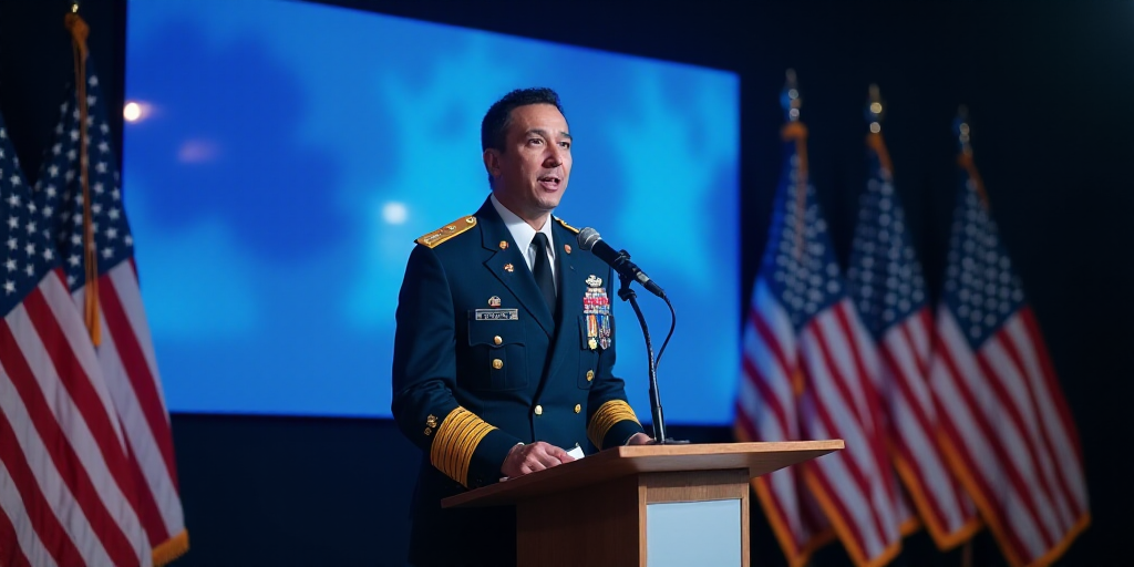 a man in a military uniform speaking into a microphone at a podium with flags in the background and