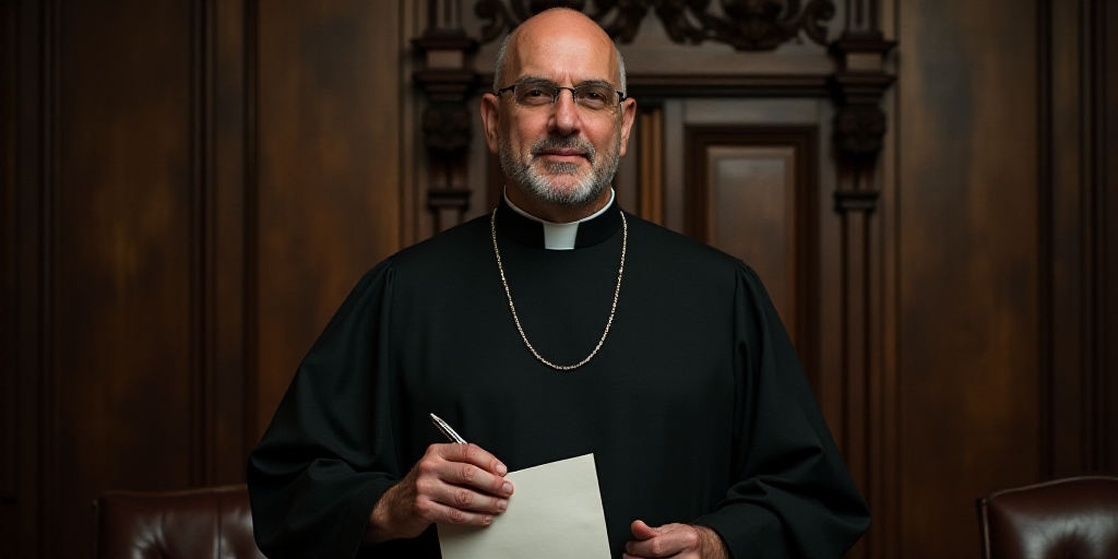 a man in a priest's robes holding a paper and a pen in his hand while standing in front of a chair,