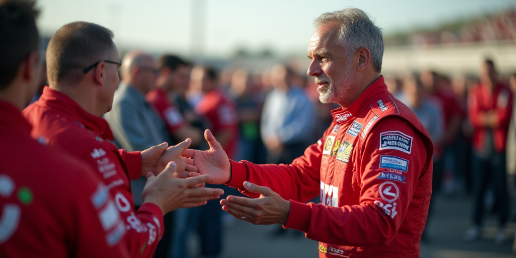 a man in a racing suit standing in front of a crowd of people with his hands out to shake hands, Den