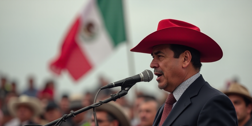 a man in a red hat giving a speech with a microphone in front of him and a flag in the background, E
