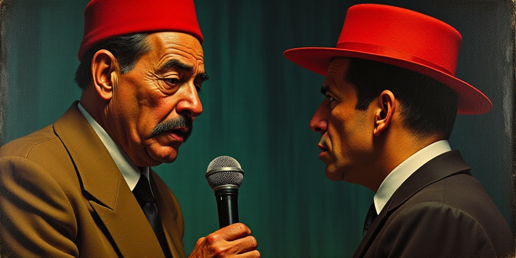 a man in a red hat is holding a microphone and a microphone is in front of him and a man in a red ha