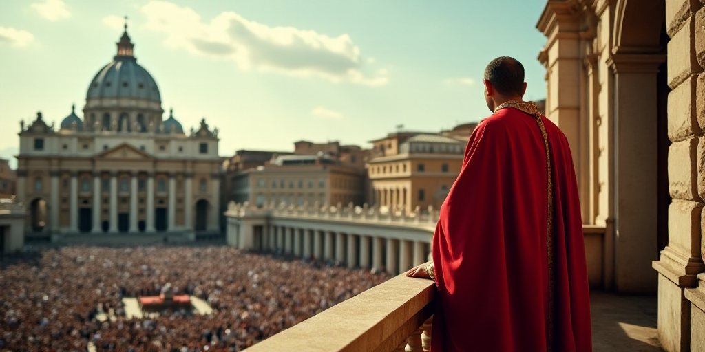 a man in a red robe is standing on a balcony with a crowd of people in the background and a building
