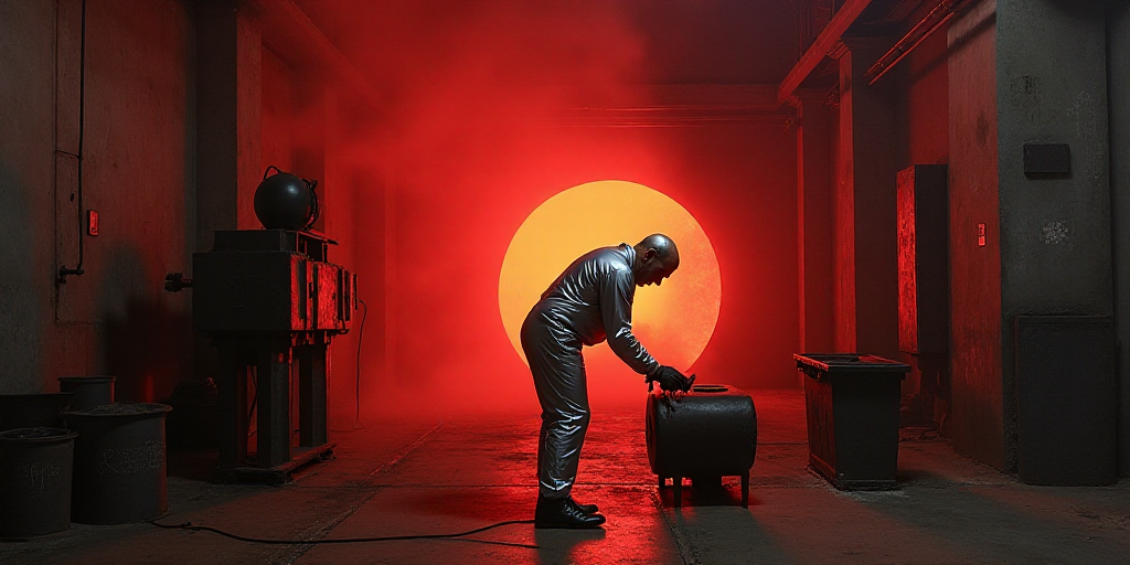 a man in a silver suit working on a piece of metal in a factory with a red light coming from the cen