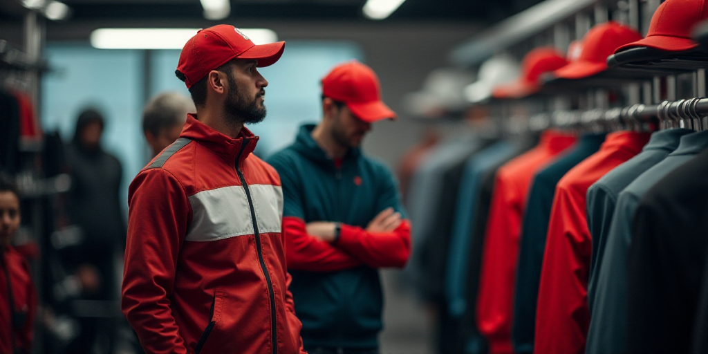 a man in a sports jacket is standing in a sports shop with a red hat and a red cap, Andries Stock, w
