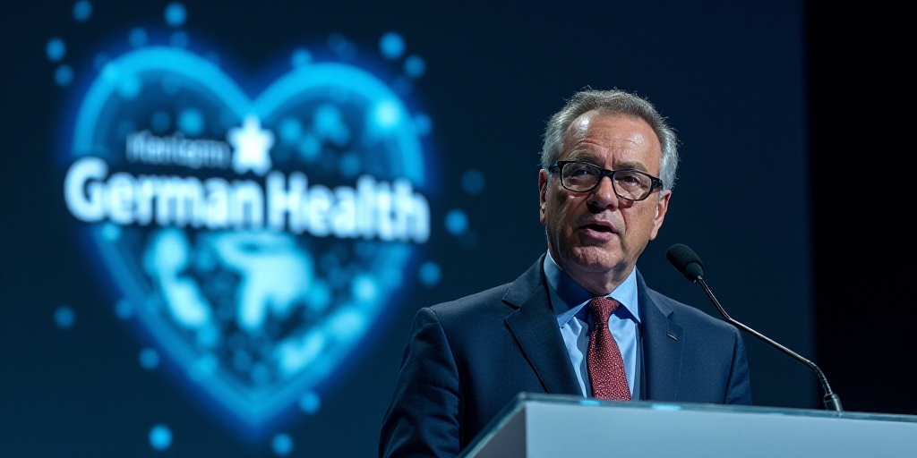 a man in a suit and glasses speaking at a podium with a microphone in front of him and a german heal