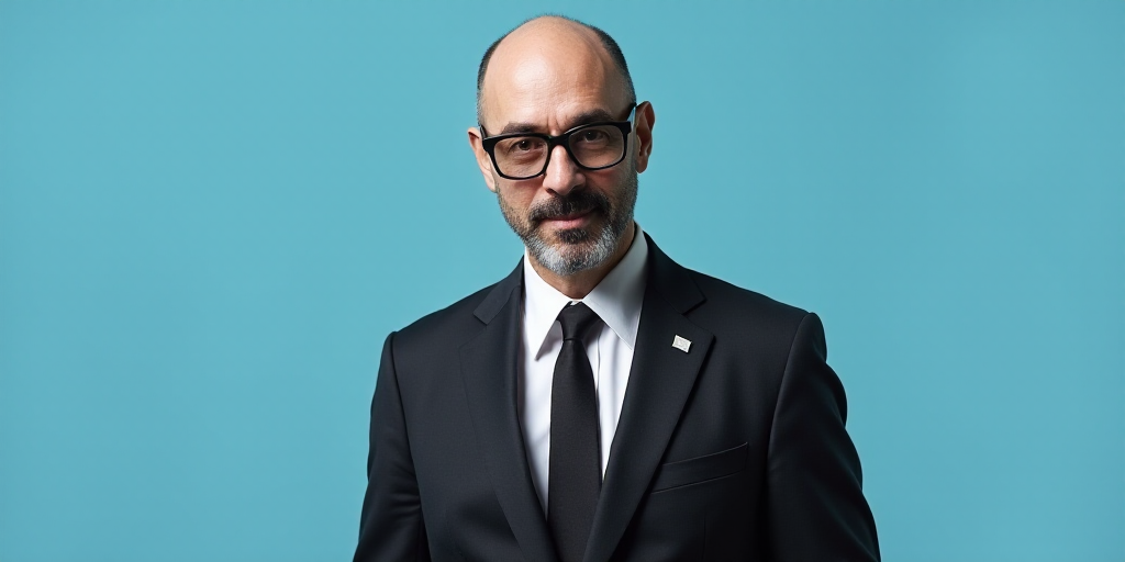 a man in a suit and glasses standing in front of a blue background with a black and white photo, Est