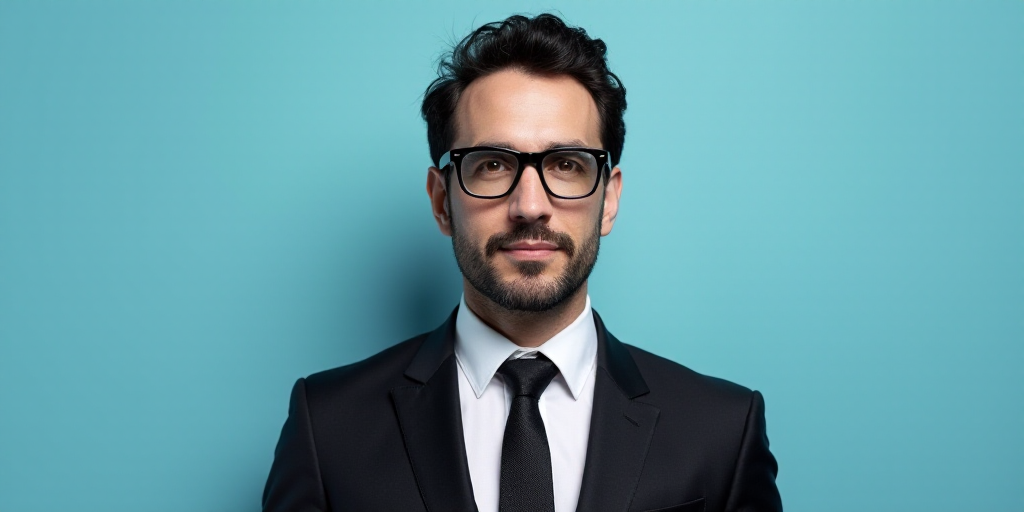 a man in a suit and glasses standing in front of a blue background with a black and white photo, Est