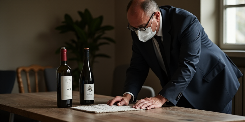 a man in a suit and mask cleaning a table with a bottle of water and a bottle of wine, Eric de Kolb,