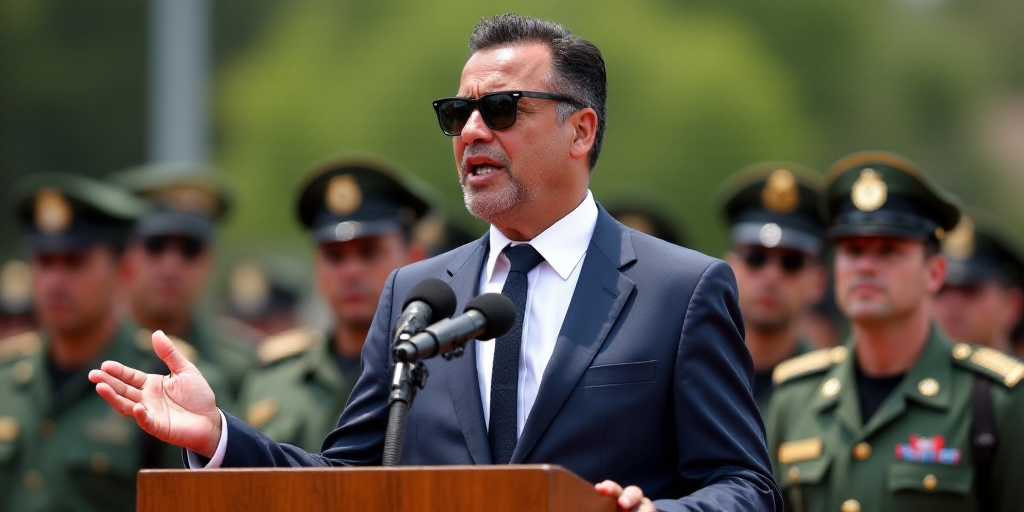 a man in a suit and sunglasses speaking at a podium with military men in the background behind him a