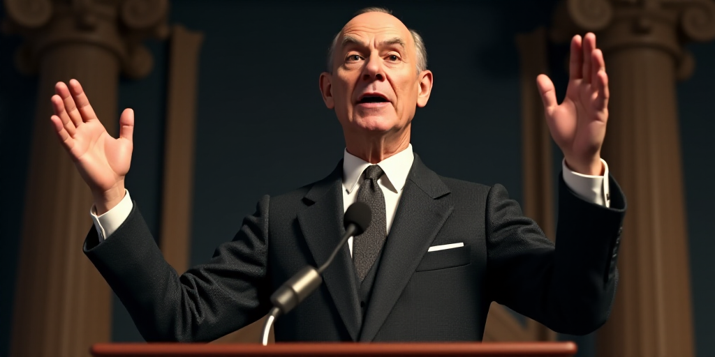a man in a suit and tie giving a speech at a podium with his hands up in the air, Cassius Marcellus