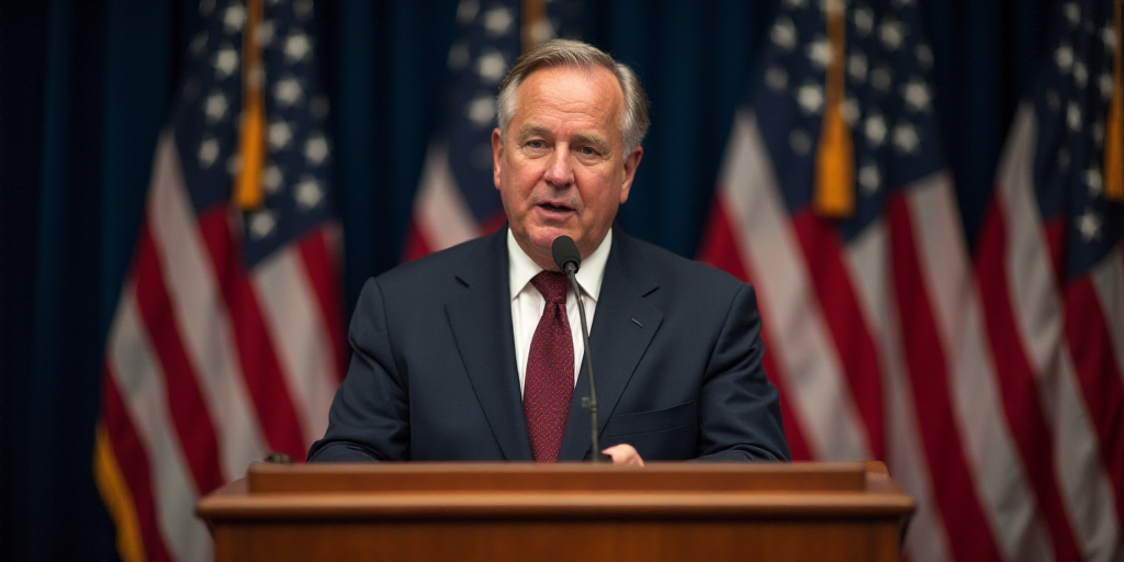a man in a suit and tie giving a speech at a podium with flags behind him and a microphone in front