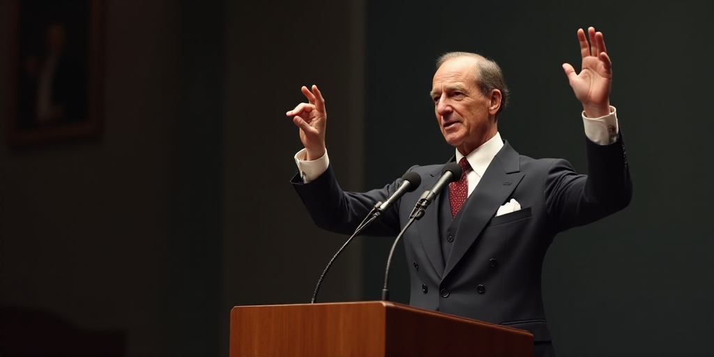 a man in a suit and tie giving a speech at a podium with his hands up in the air, Cassius Marcellus