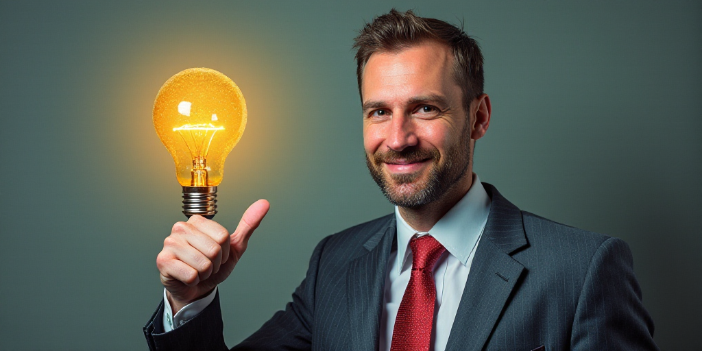 a man in a suit and tie giving a thumbs up sign with his hand and a light bulb in the background, Cl