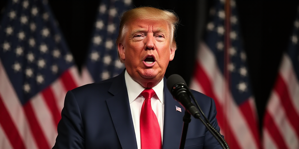 a man in a suit and tie giving a speech in front of american flags and a microphone with a microphon