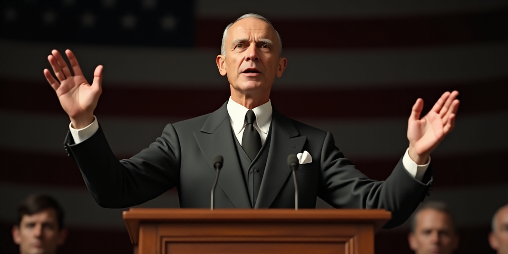 a man in a suit and tie giving a speech at a podium with his hands up in the air, Cassius Marcellus