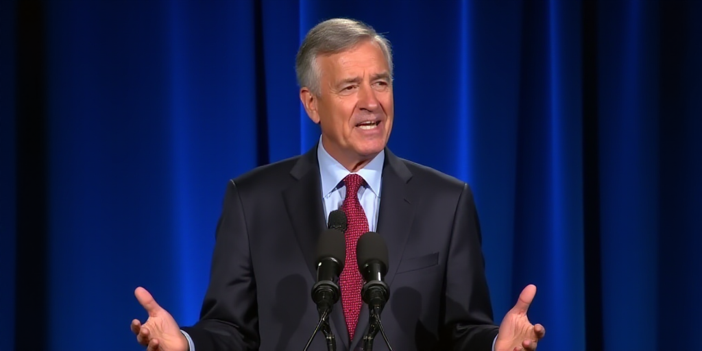 a man in a suit and tie giving a speech with microphones behind him and a blue curtain behind him, B