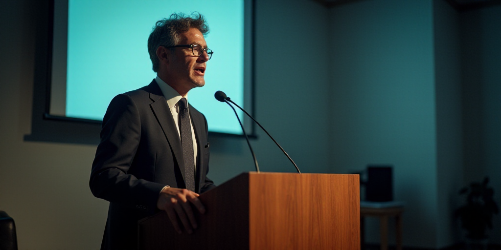 a man in a suit and tie giving a speech at a podium with a projector screen behind him, david rubín