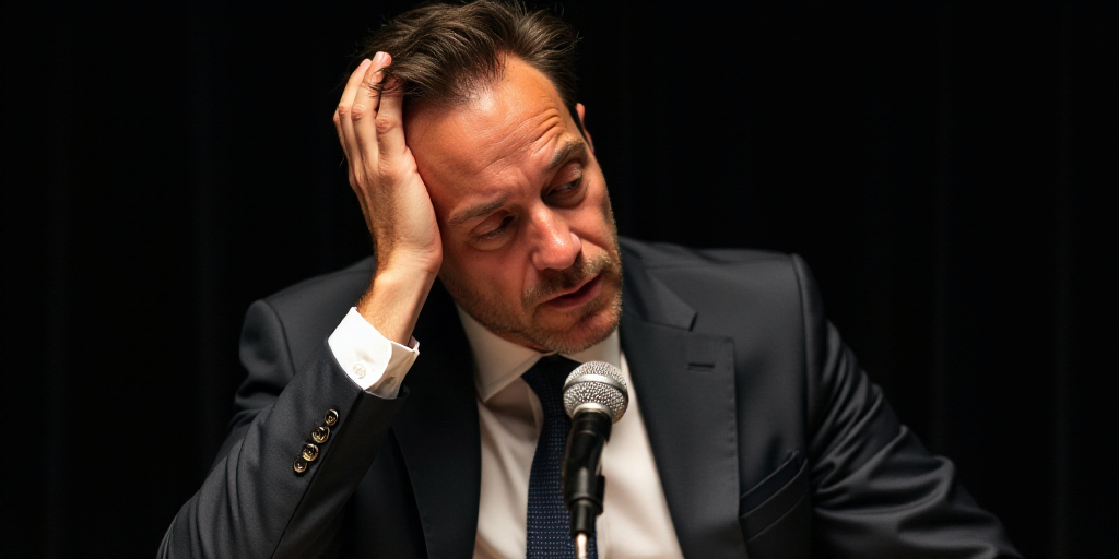a man in a suit and tie holding his head with his hand while sitting down in front of a microphone,