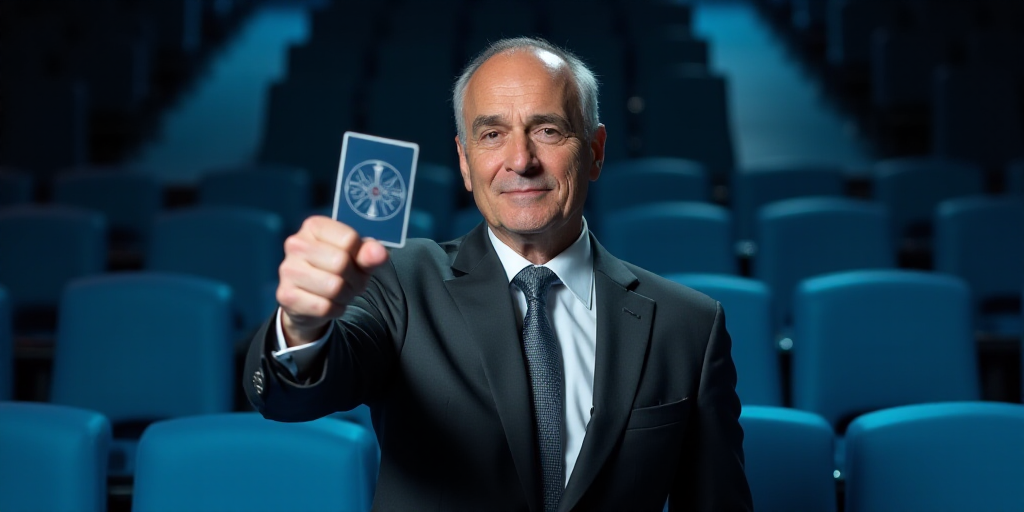 a man in a suit and tie holding a card in his hand and fisting at the camera with a blue chair in th
