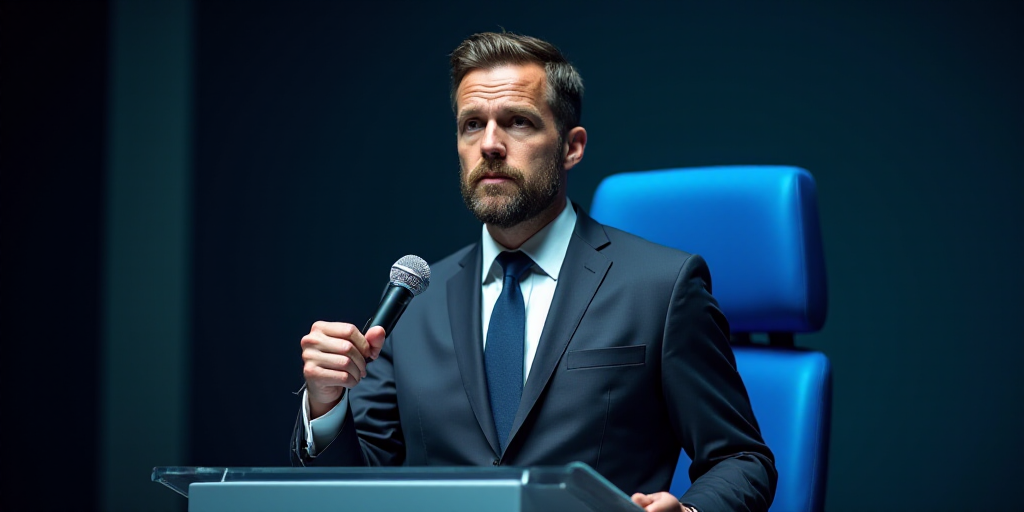 a man in a suit and tie holding a microphone and fisting at a podium with a blue chair in the backgr