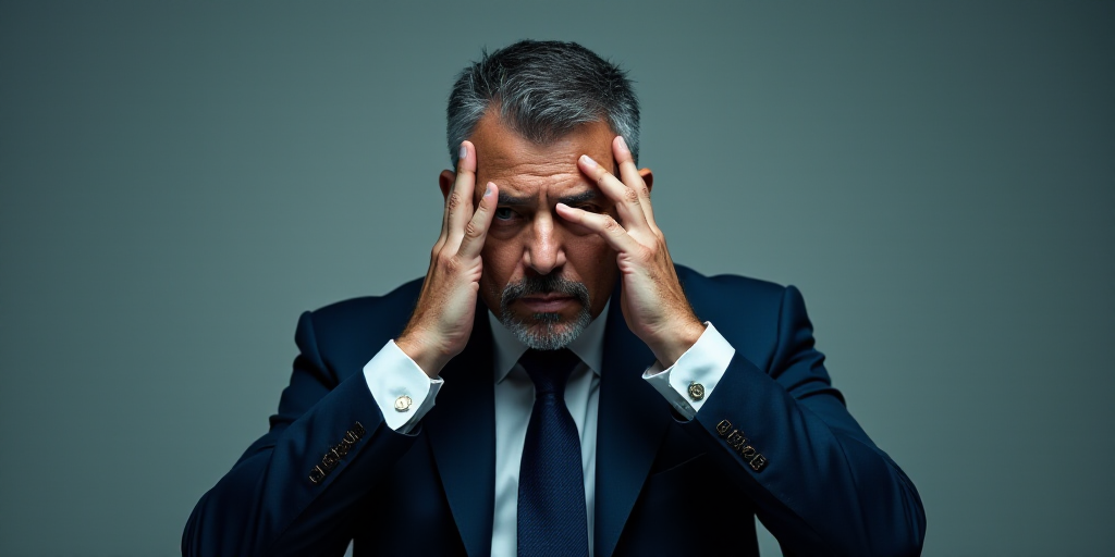 a man in a suit and tie holding his hand to his face with both hands and a finger on his temple, Est
