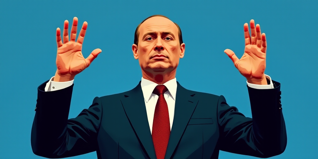 a man in a suit and tie is holding his hands up in front of him and a blue background, Boris Vladimi